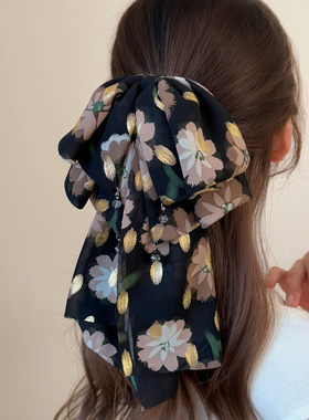 复古多层印花网纱蝴蝶结马尾夹金色大波点显发量抓夹飘逸感鲨鱼夹