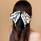 优雅复古山茶花缎面蝴蝶结马尾夹超仙流苏轻奢精致显发量珍珠抓夹