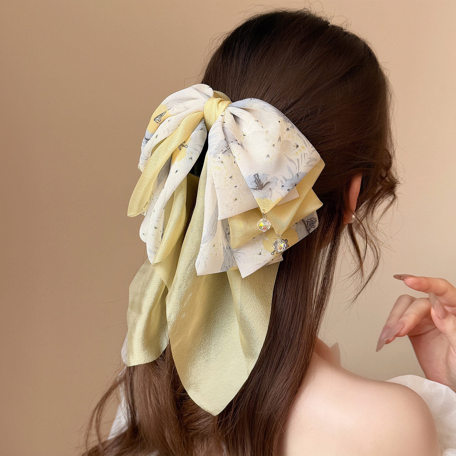 甜美碎花多层网纱蝴蝶结马尾夹黄水晶半扎发抓夹洋气时尚轻奢发夹,饰品/流行首饰/时尚饰品新,发饰,淘宝优惠券,粉丝福利购,淘宝优惠卷