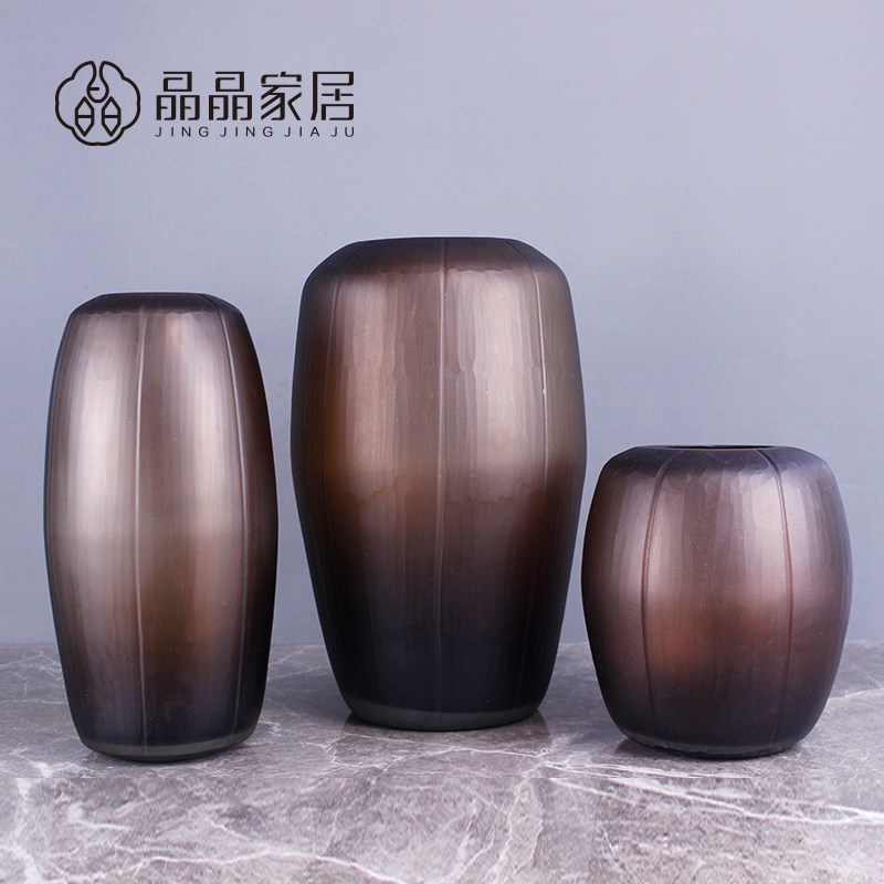晶晶家居蓝巧克力棕色磨刻直筒复古中式客餐厅仿真花艺玻璃花瓶