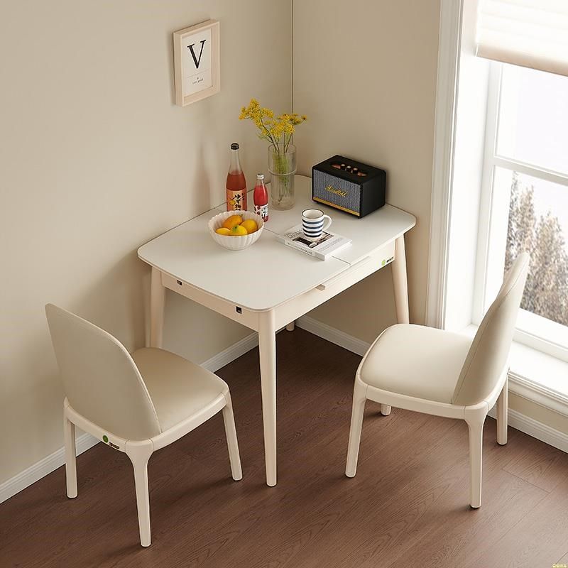 伸缩餐桌小户型家用奶油风可折叠多功g能实木岩板简约省空间饭桌