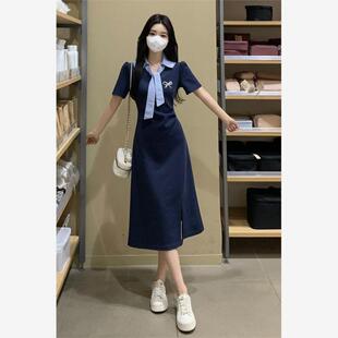 大码 微胖mm气质显瘦开叉长裙 法式 设计感系带蝴蝶结连衣裙子女夏季