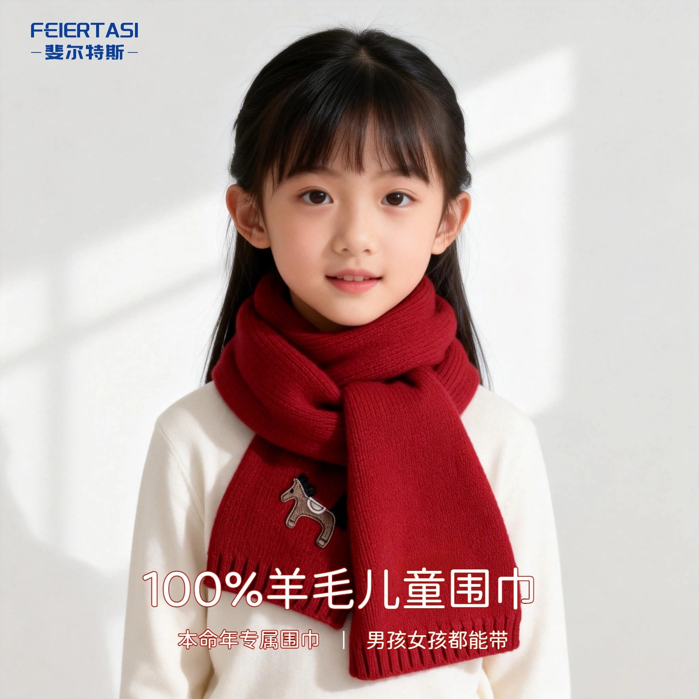 斐尔特斯100%羊毛儿童围巾小马刺绣红色本命年冬季保暖新年氛围感,服饰配件/皮带/帽子/围巾,围巾/丝巾/披肩,淘宝优惠券,粉丝福利购,淘宝优惠卷