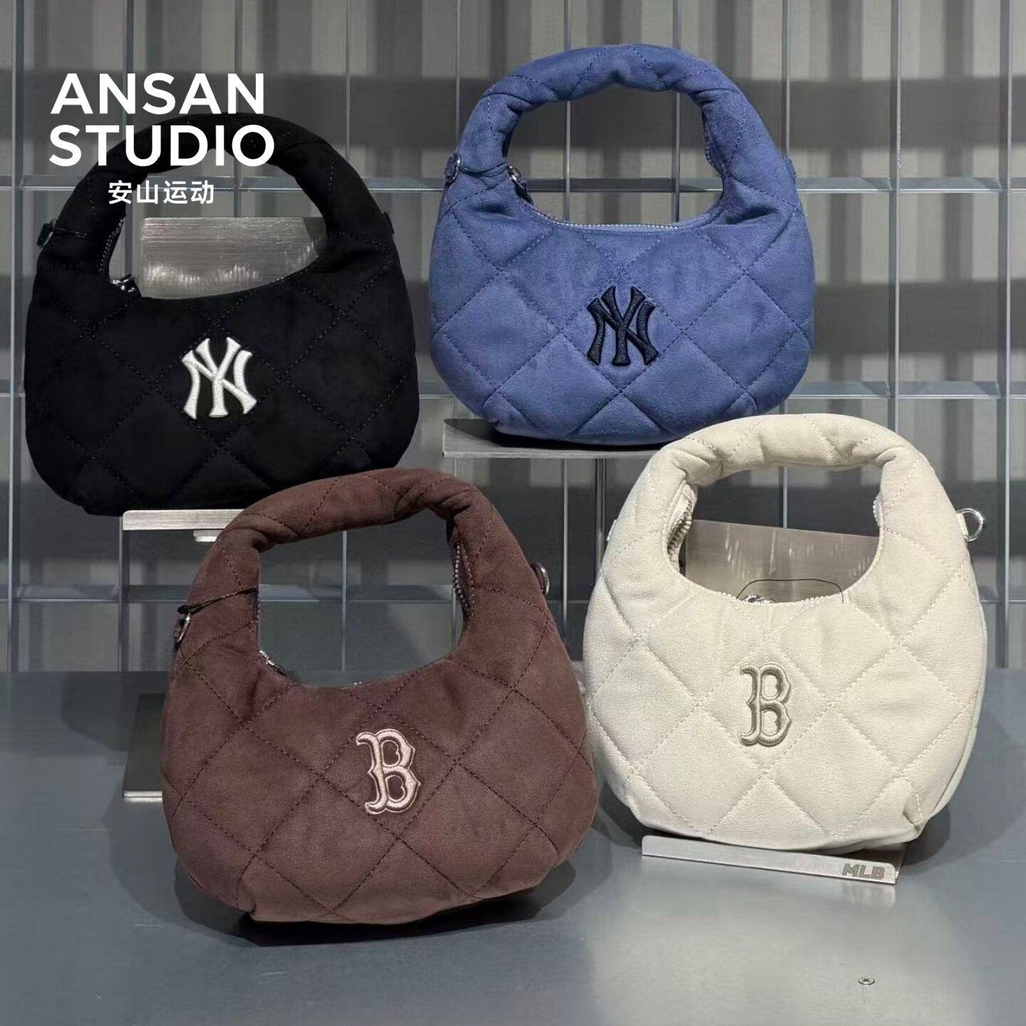 MLB正品26年秋季菱格纹新款钻石老花毛绒休闲云朵包 3ACRBM26N