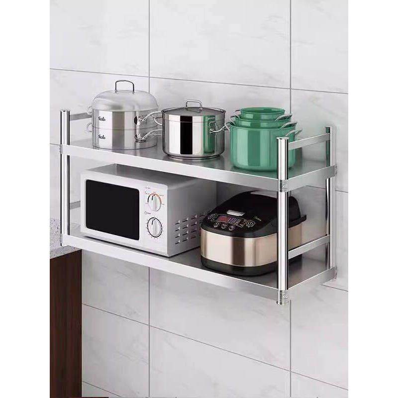 带护栏双层不锈钢厨房置物架微波炉烤箱调料上墙架两层壁挂墙上架