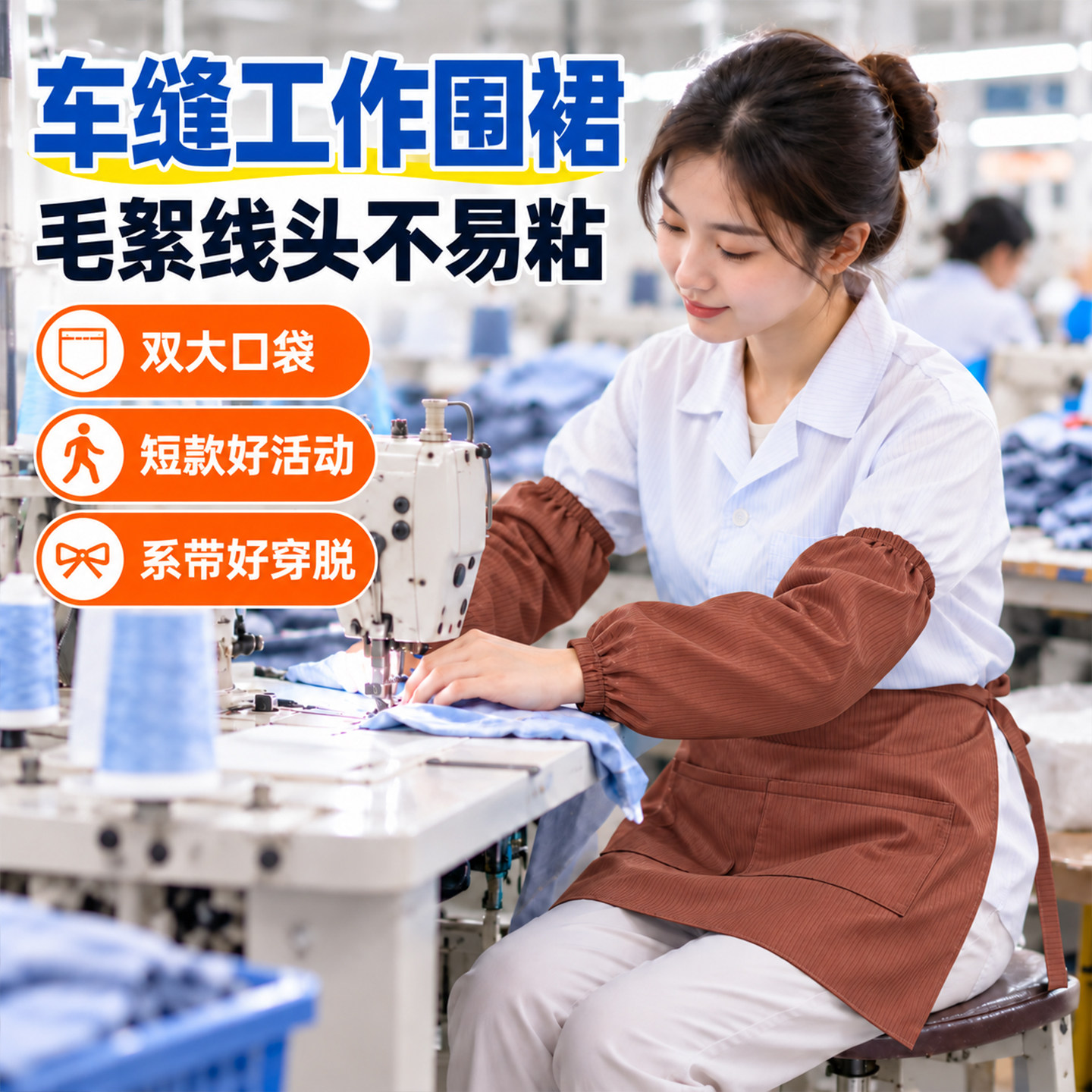 棉纺工厂挡车女工围裙短款半身防尘耐脏2个大口袋车间工作围腰款