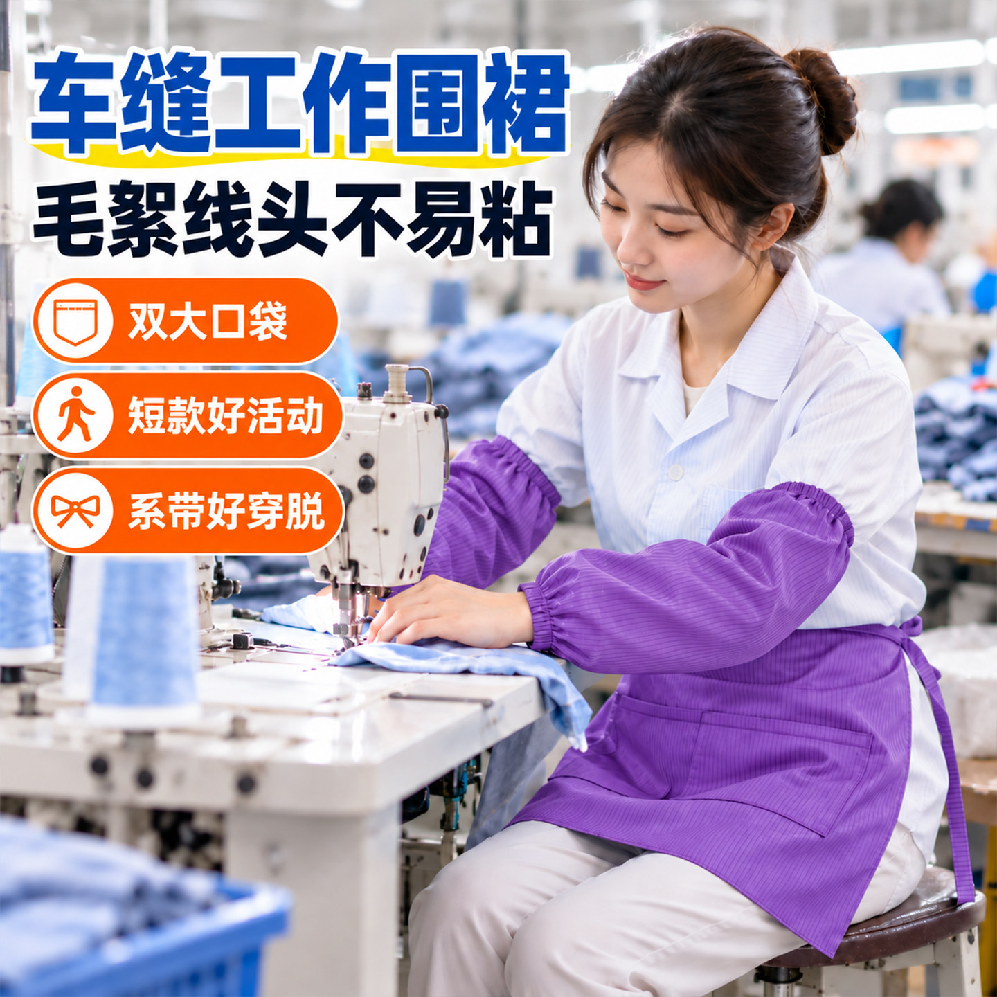 棉纺厂女工夏季短款半身围裙薄款透气2个大口袋挡车车间围腰专用