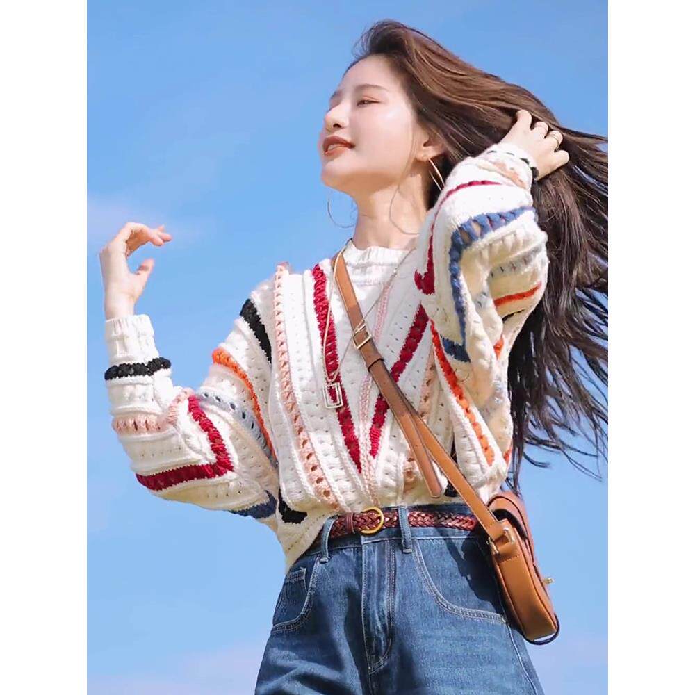 彩色条纹毛衣女秋冬新款外穿宽松慵懒风钩花镂空针织衫上衣外套潮