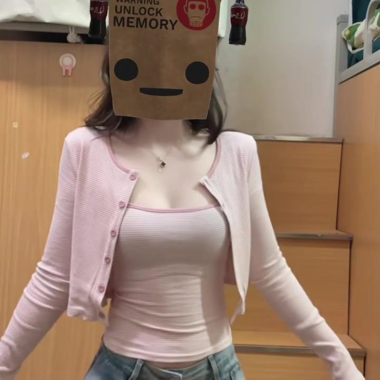 韩系穿搭条纹吊带背心开衫外套女2026早春新款显瘦T恤两件式上衣