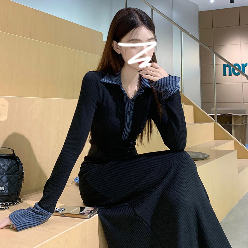 法式黑色polo针织洋装子女早春季2026新款内搭打底气质鱼尾长裙
