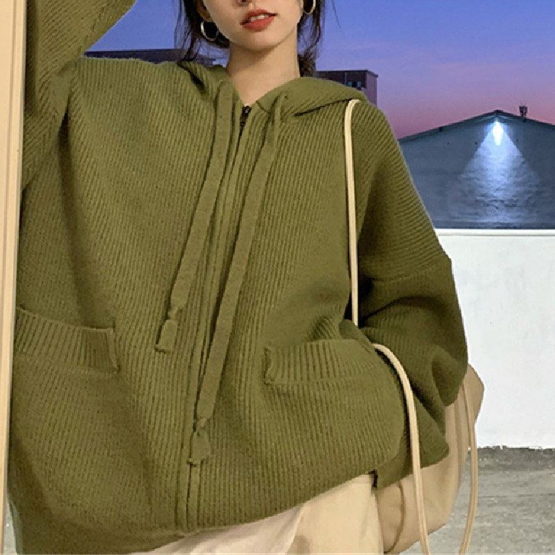 春秋新款慵懒风拉链连帽