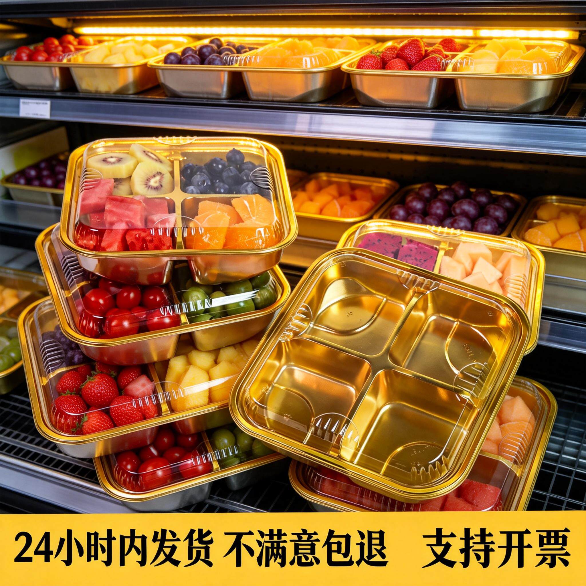 高档金色四格果切包装盒一次性分格干果盘水果捞拼盘打包商用盒子