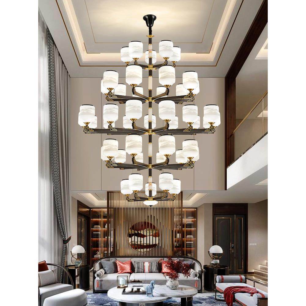 全铜新中式别墅客厅中空大吊灯覆式楼中楼挑空跃层大厅楼梯长吊灯