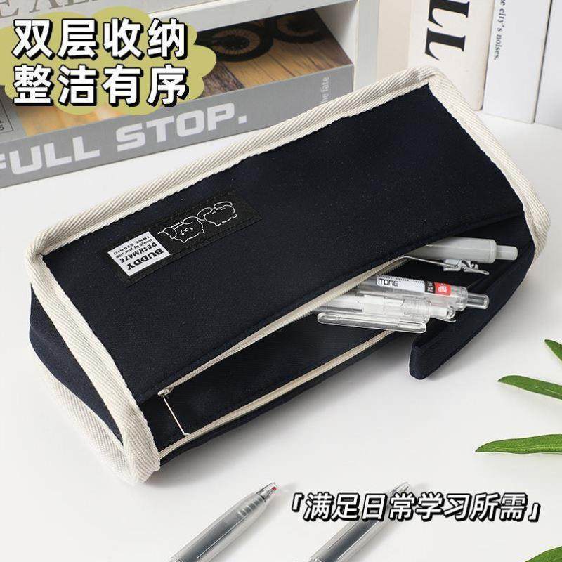 高颜值大三角双层笔袋女孩款日系风纯色耐脏文具袋男2023年新款流