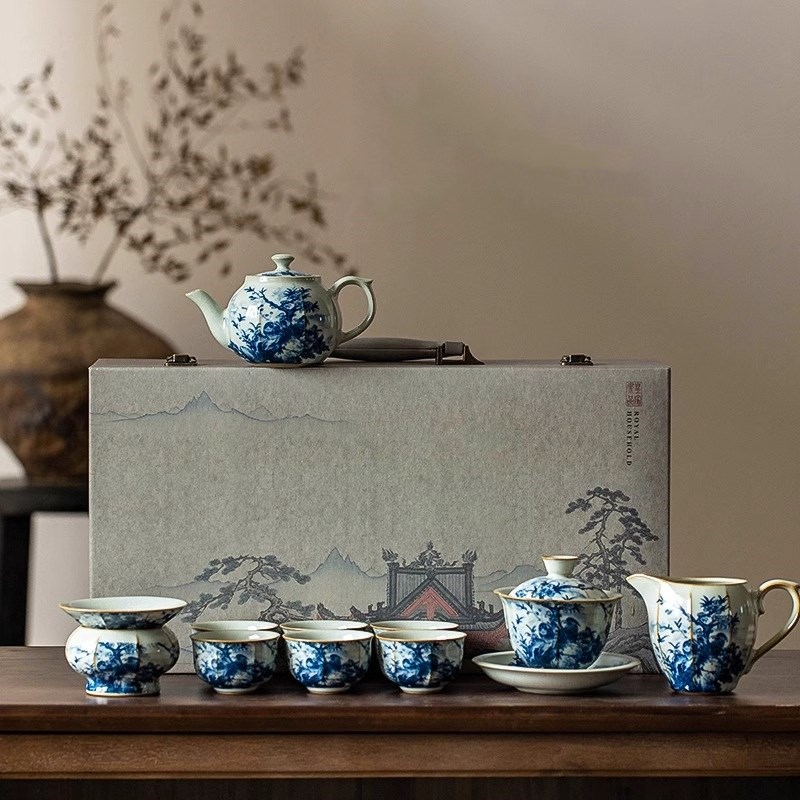 港湾功夫茶具套装礼盒青花瓷汝窑茶杯盖碗陶瓷轻奢感中式手绘茶壶