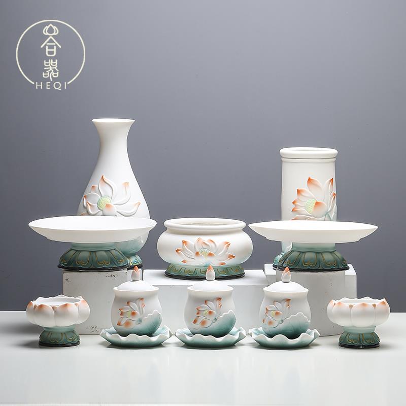 德化陶瓷莲花佛具用品大全香炉供水杯花瓶香筒果盘全套供具摆件