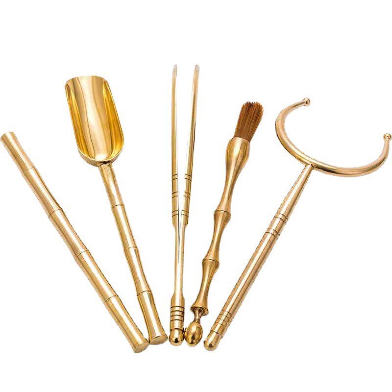 纯铜茶道六君子套装 黄铜功夫茶具配件茶夹 茶勺养壶笔纯铜五件套