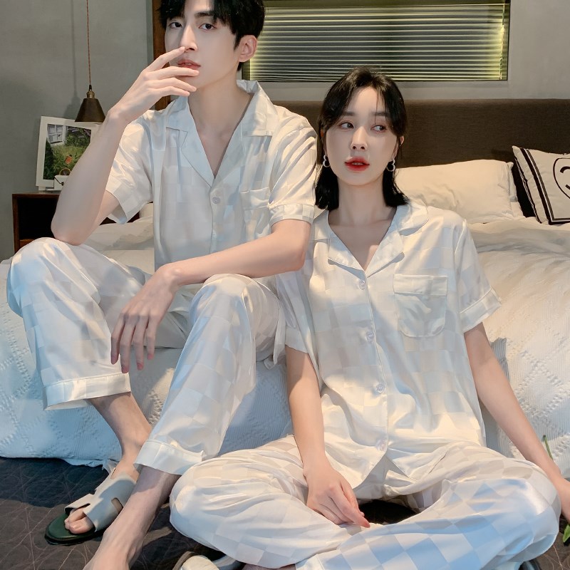 情侣冰丝睡衣女夏季丝绸短袖时尚冰丝家居服可外穿套装男