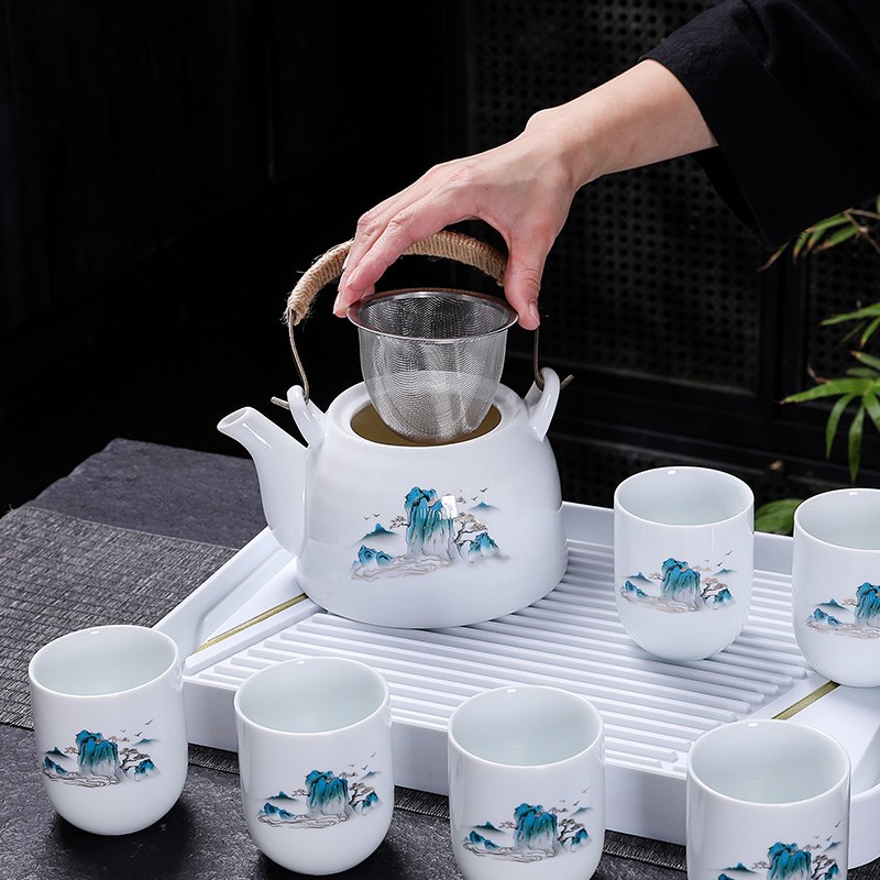 白瓷茶具套装家用茶壶茶杯景德镇陶瓷现代简约中式整套大号提梁壶