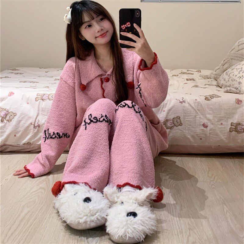 简约松弛感半边绒睡衣女秋冬款加绒加厚可外穿大码开衫家居服套装