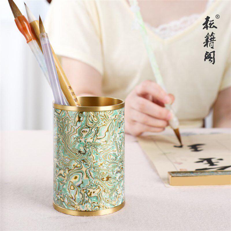 毛笔笔筒收纳盒螺钿黄铜金属笔筒创意高级感文房四宝桌面摆件笔筒