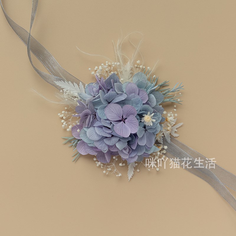 新郎胸花新娘手腕花结婚真花灰蓝紫色绣球伴郎襟花父母永生花胸针