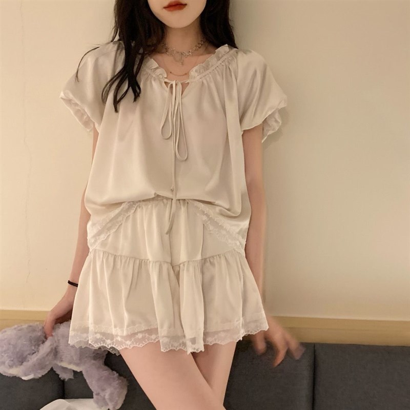 法式夏季睡衣女套装宫廷少女复古蕾丝家居服两件套外穿ins休闲短