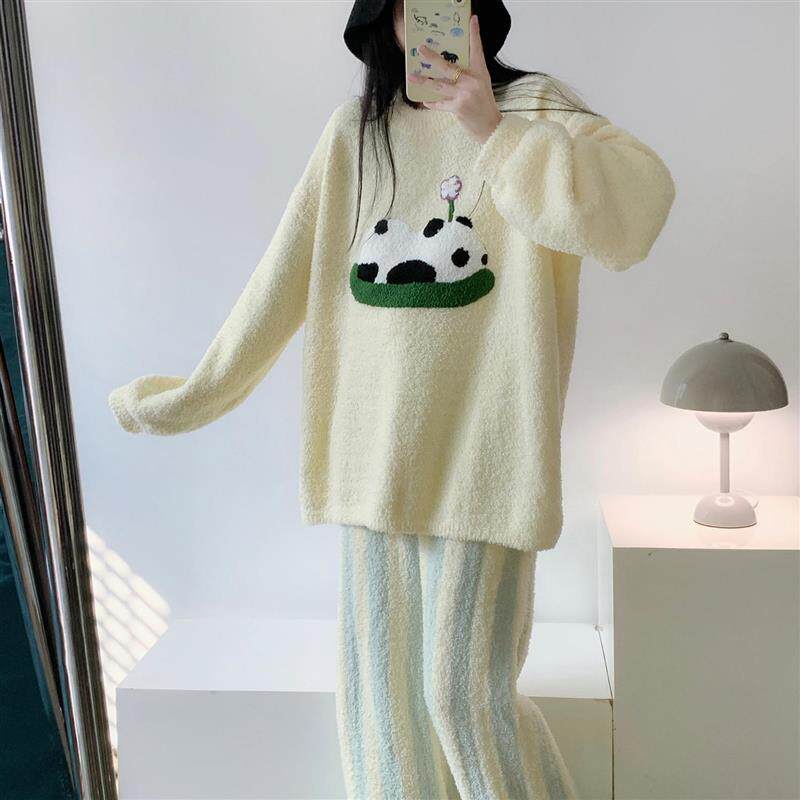 半边绒睡衣女秋冬季针织毛衣套装加绒加厚珊瑚绒家居服可外穿大码
