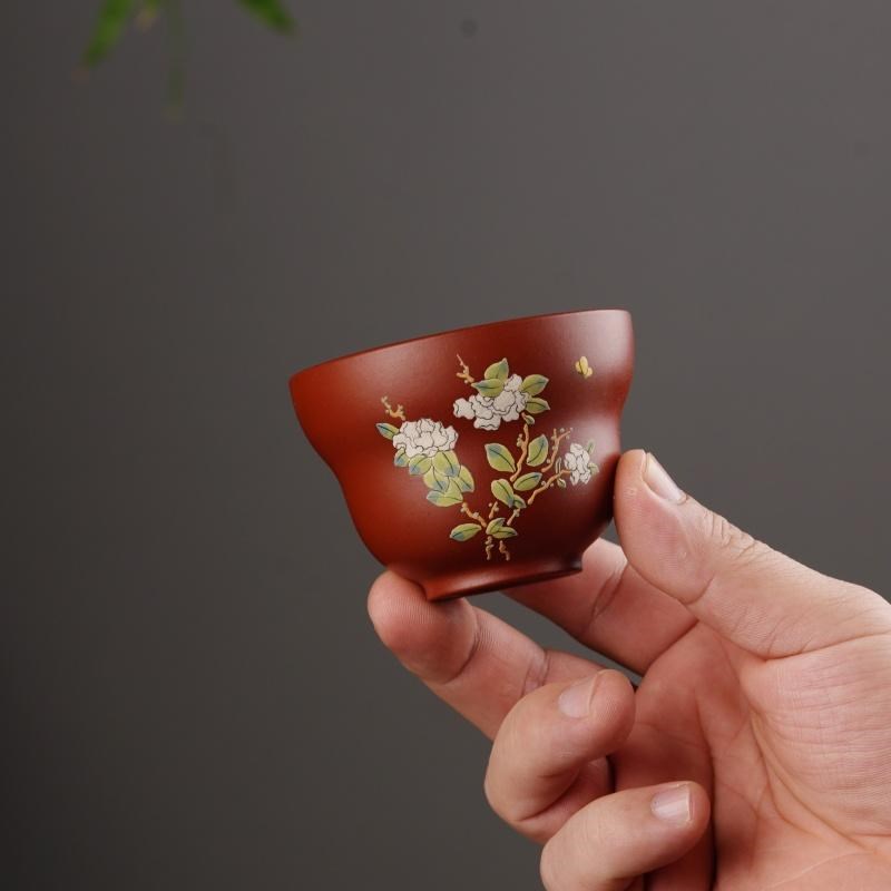 三两杯 紫砂主人杯原矿朱泥 枇杷福禄双全 泥绘茶杯 高档礼盒送礼