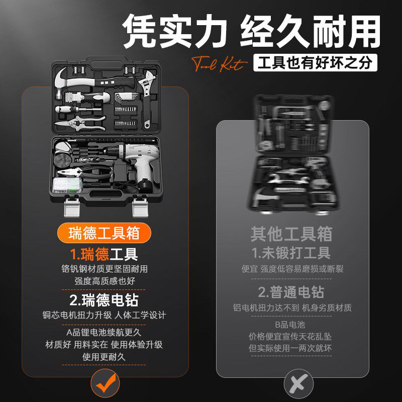 五金工具组合锤子螺丝刀套装电钻套件套筒六角扳手卷尺加厚工具箱