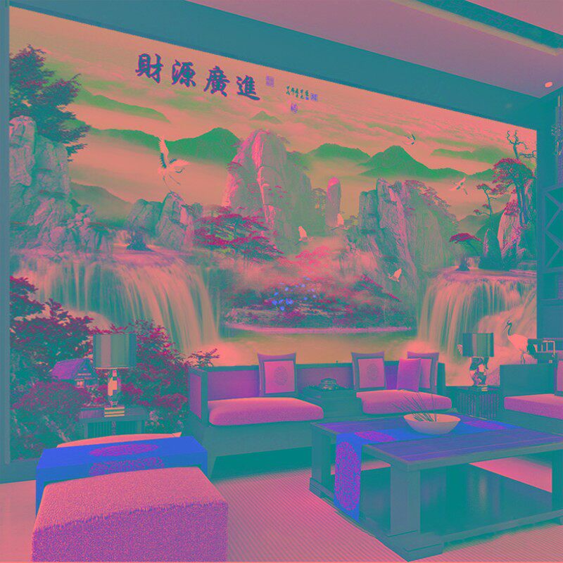 定制电视背景墙壁布客厅3d立体流水生财办公室墙纸山水风景画自粘