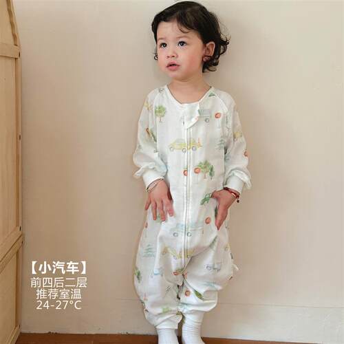 儿童竹棉双层纱布睡袋春夏季薄款宝宝防踢被婴幼儿连身空调房睡衣