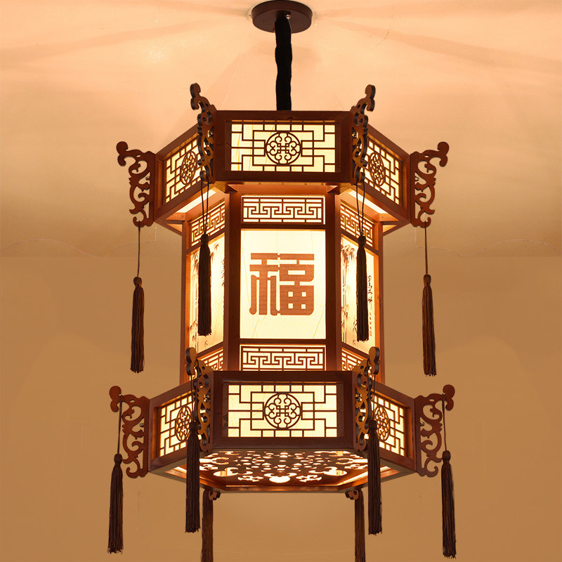 中式复古实木宫灯仿古羊皮吊灯宫廷别墅祠堂寺庙长廊亭子六角灯笼