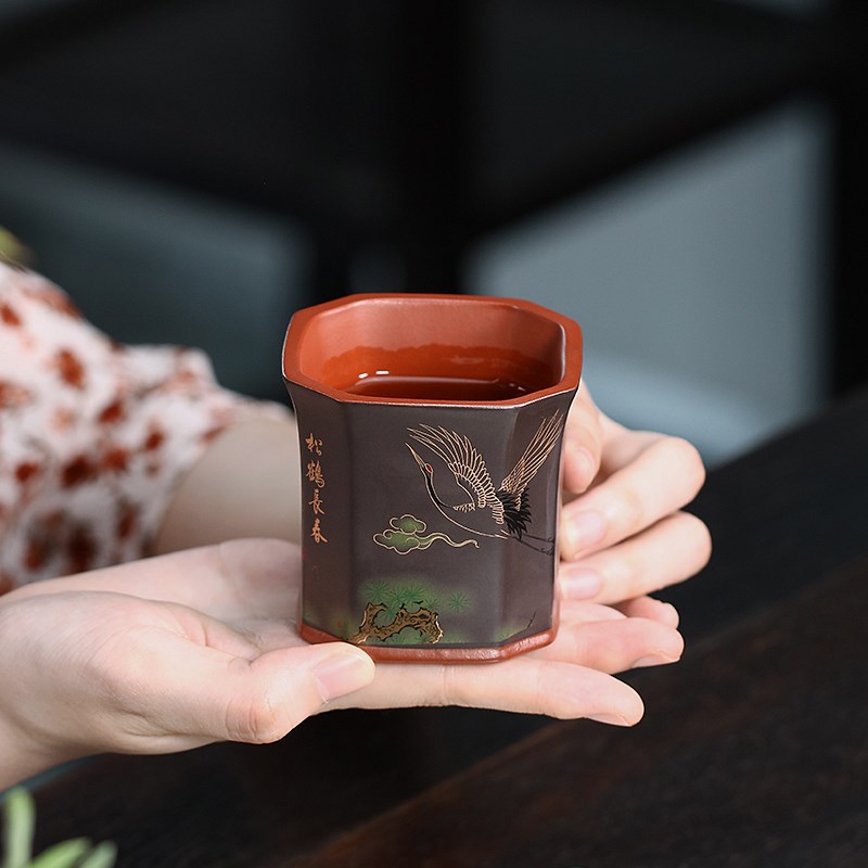 宜兴紫砂品茗杯功夫茶杯纯手工刻绘松鹤主人杯个人专用茶盏茶碗