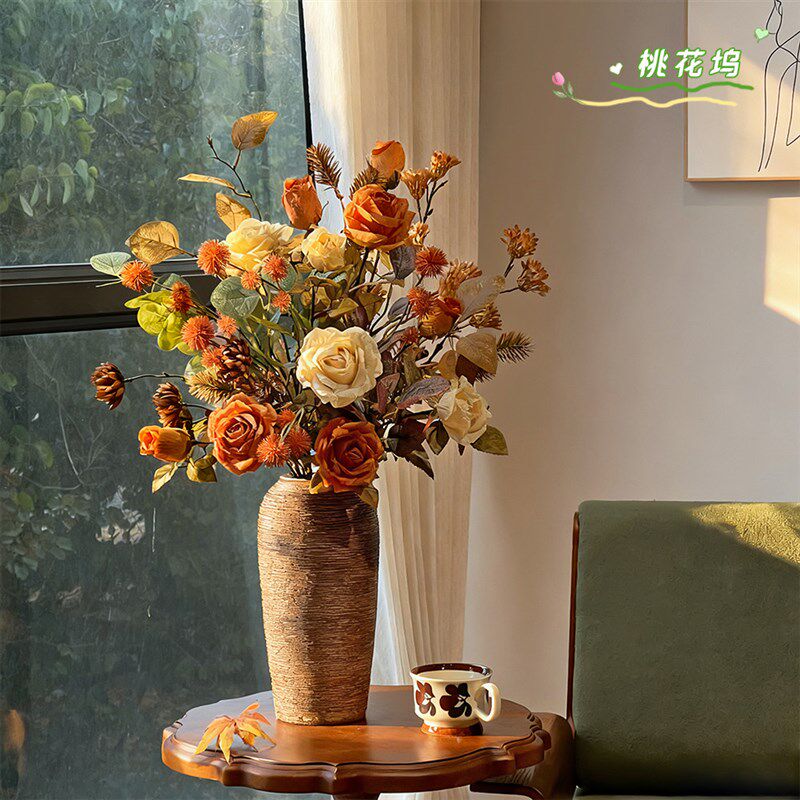 暖秋复古风仿真玫瑰花束家居装饰摆件客厅卧室温馨花艺氛围装饰