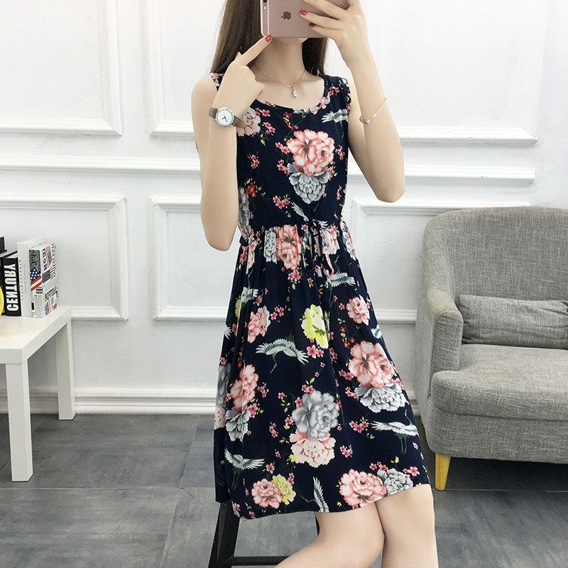 棉绸睡裙女夏季人造棉睡衣可外穿绵绸碎花连衣裙子薄款夏天家居服