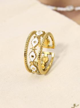 欧美INS风白色滴油工艺宽边指环女钛钢18K镀真金法式开口戒指批发
