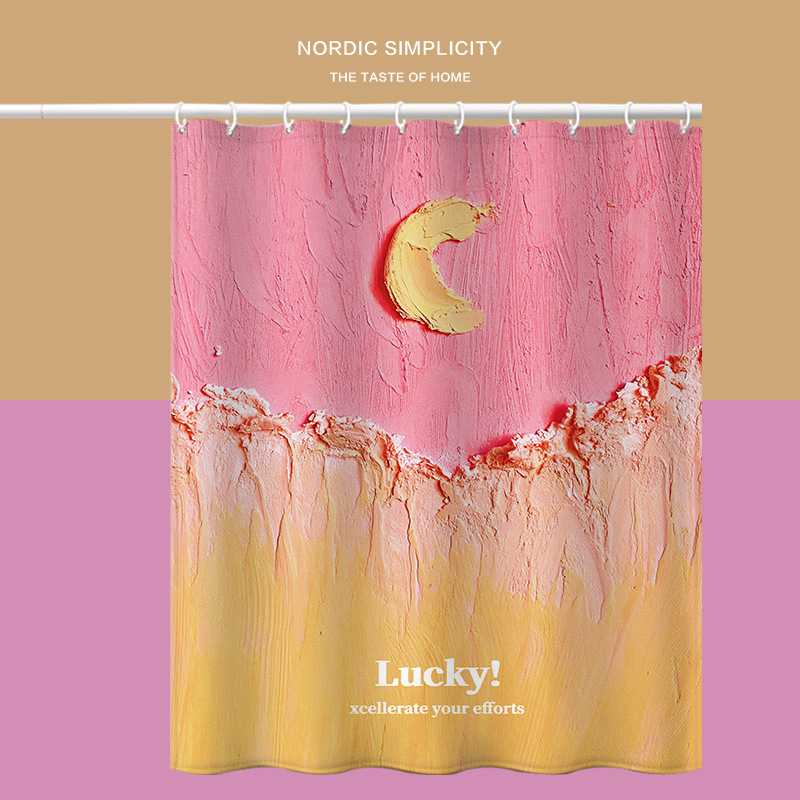 插画风景防水浴帘免打孔洗澡遮挡布卫生间厕所干湿分离不透人门帘