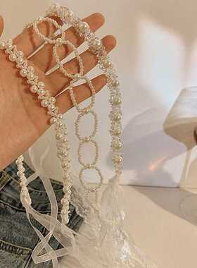 超仙白色蕾丝水晶珍珠发带女绑发森系甜美飘带法式丝带发箍头饰