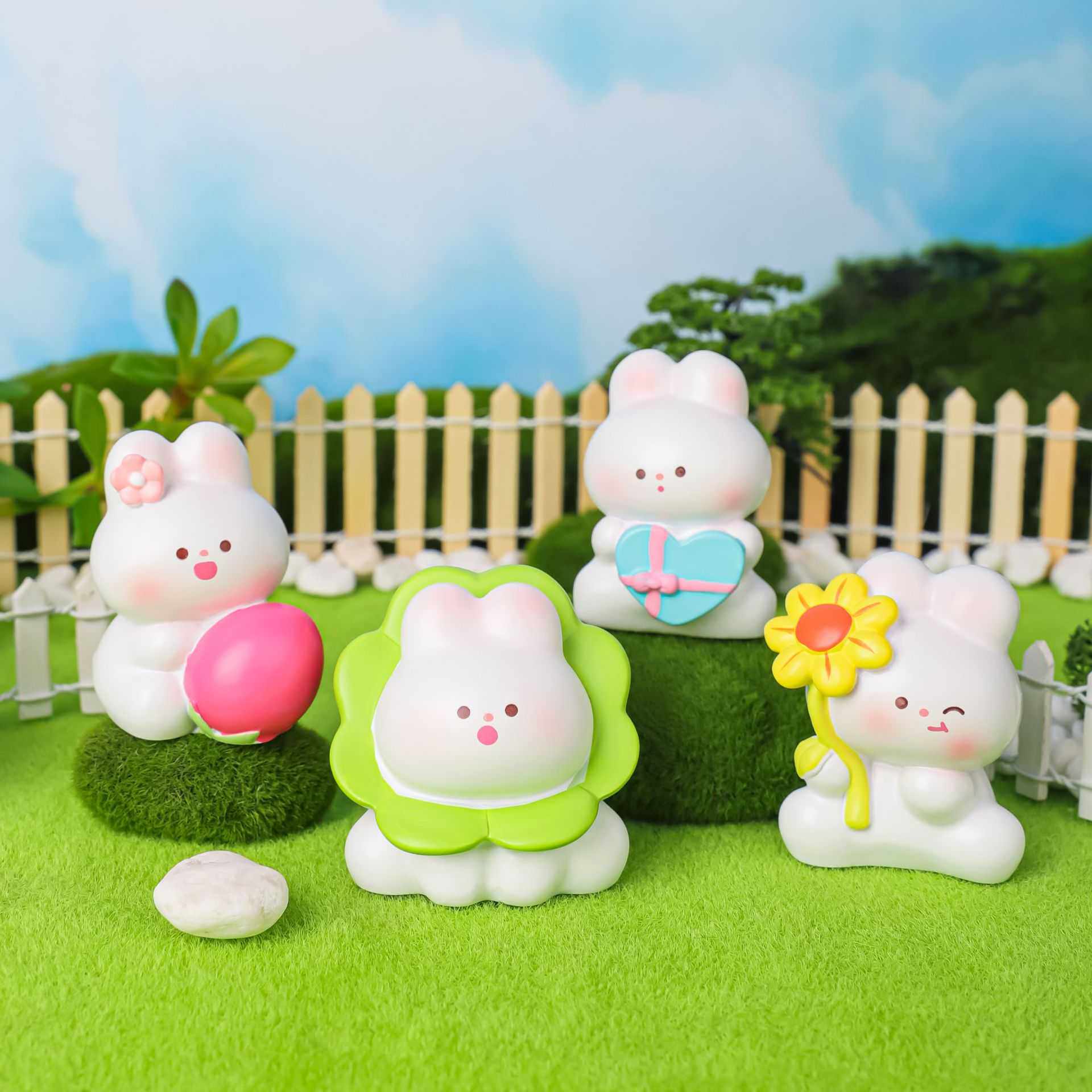 田园小兔兔摆件可爱卡通萌宠树脂公仔小白兔桌面装饰品送女生礼物