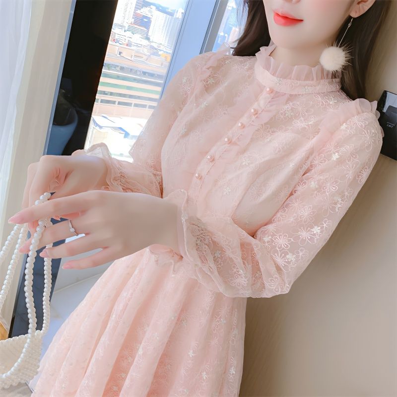 小香风春秋仙女裙2025新款女装荷叶边网纱长袖中长款法式连衣裙女