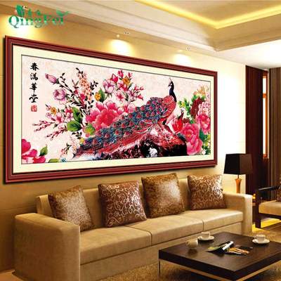 青飞精准印布孔雀吉祥春满华堂十字绣花开富贵孔雀牡丹丝线