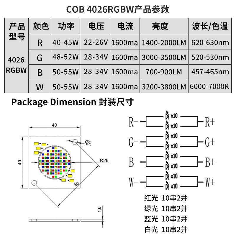 CB402l6灯珠rgwWXA200W四合一cOob光源影视补光灯大功b率ed灯珠