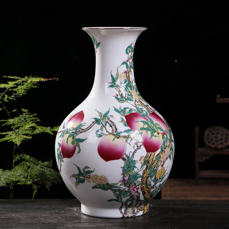 古中式粉SCQ彩九桃天球瓶仿饰景德镇陶瓷花瓶装件摆家居客厅瓷器