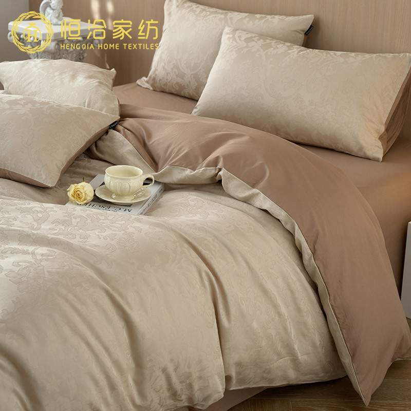 高端复古风全棉提花四件套纯棉床笠轻奢被套床上用品咖灰白色1.2m