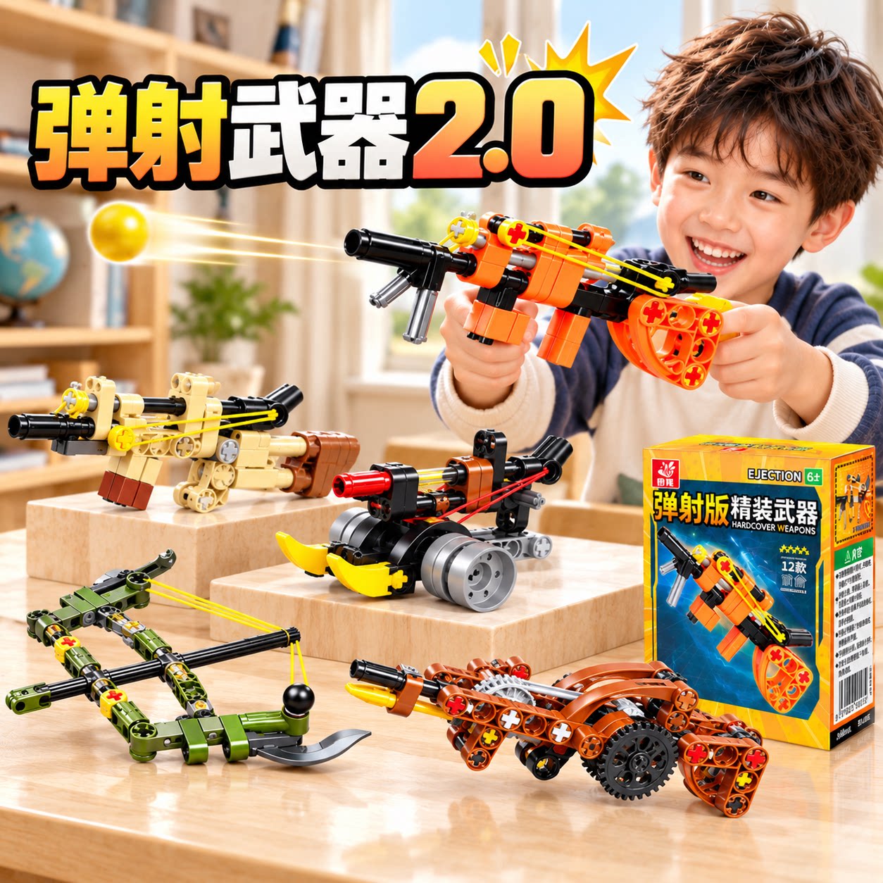 左轮手枪2.0盲盒儿童拼装积木机关枪模型可发射男孩益智礼物玩具