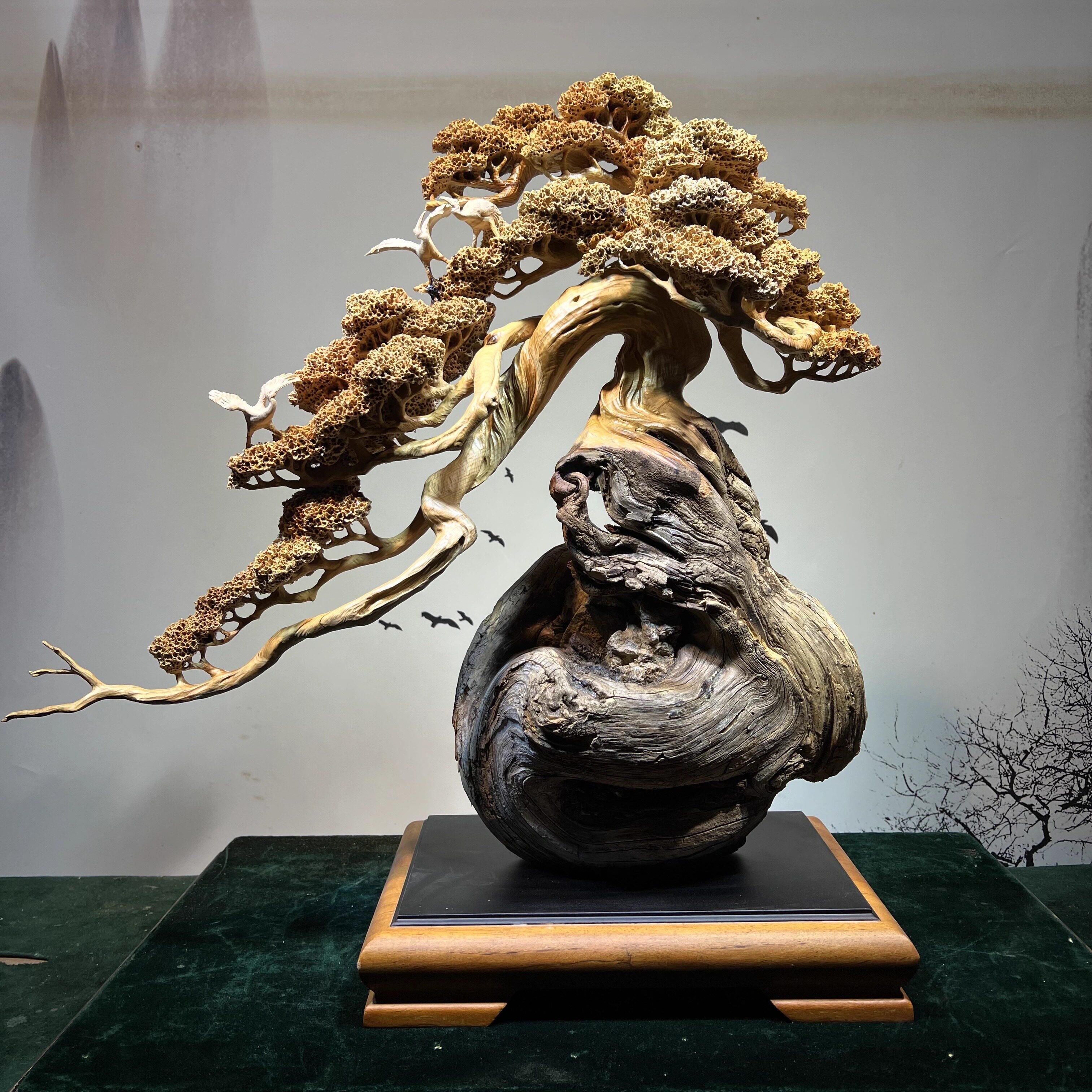 太行崖柏根雕山水花鸟风景木雕摆件迎客松盆景玄关人物客厅工艺品