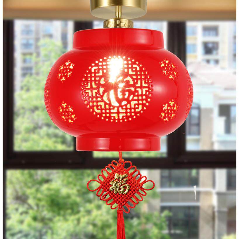 中式轻奢陶瓷大号福字中国红灯笼铜金色阳台过道玄关门厅吸顶吊灯