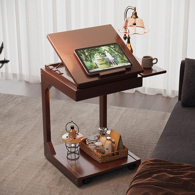 可移动边几茶几床边桌沙发边柜实木卧室家用床头中古小推车置物架