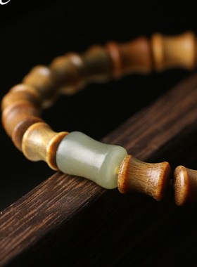 极速【五台直发】天然绿檀木竹节节高升手L串锦鲤转运上岸手链男